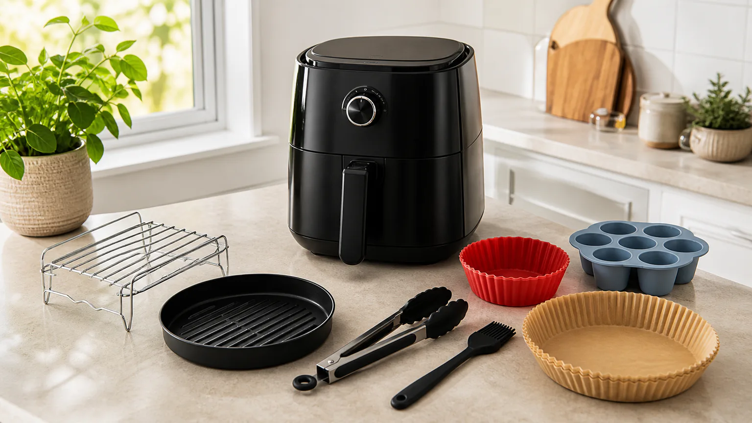 Bancada de cozinha com air fryer genérica e acessórios sem marcas.