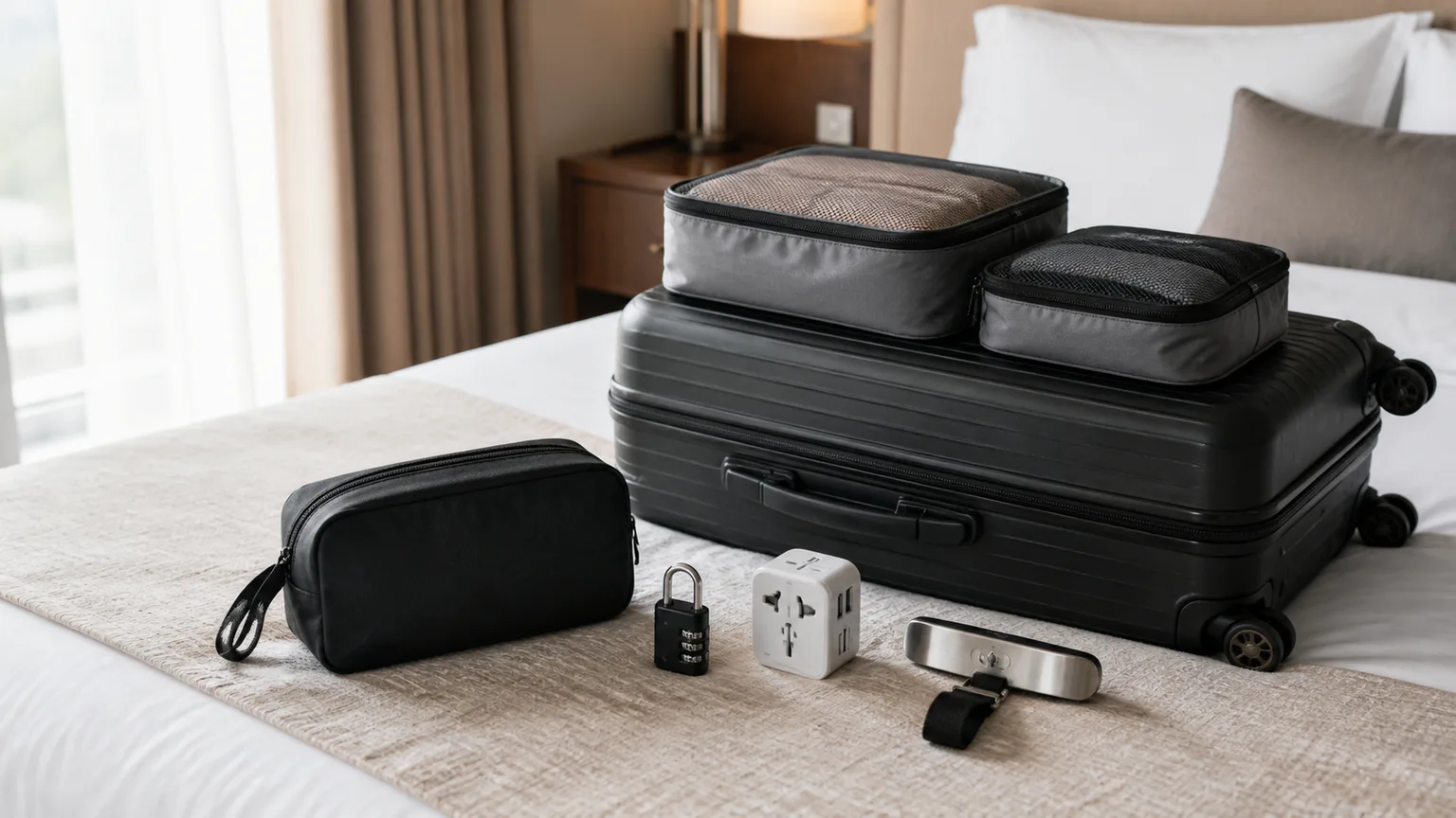 Mala de cabine genérica com organizadores, cadeado e adaptador de viagem.