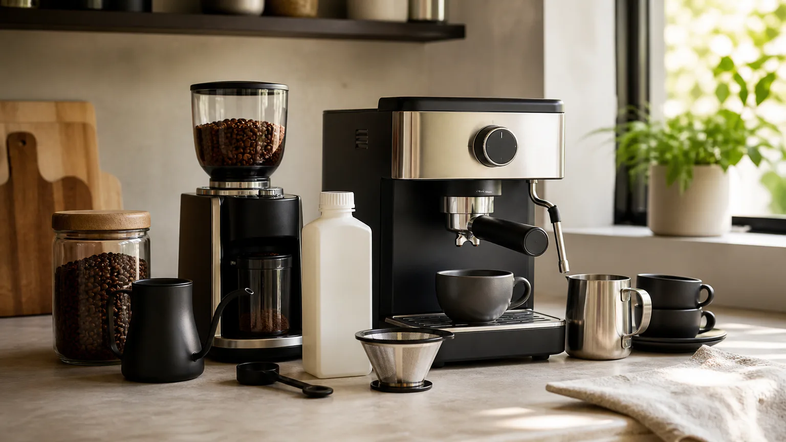 Bancada de café com chávenas, moinho, filtros e acessórios genéricos.