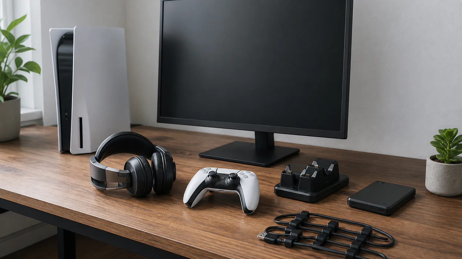 Setup gaming genérico com comando, headset e armazenamento sem marcas.
