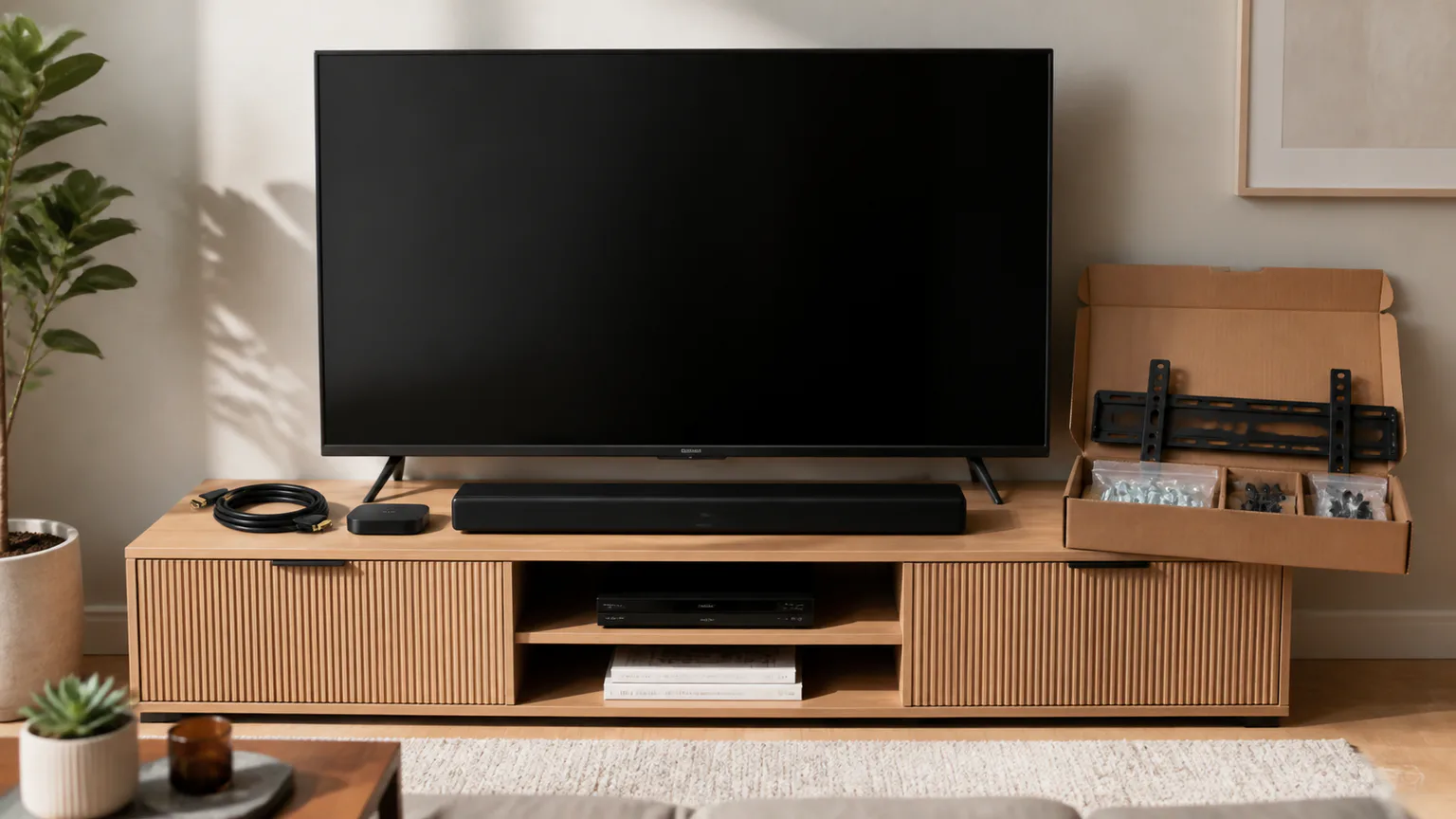 Sala com TV genérica, soundbar, cabo HDMI e suporte sem logótipos.