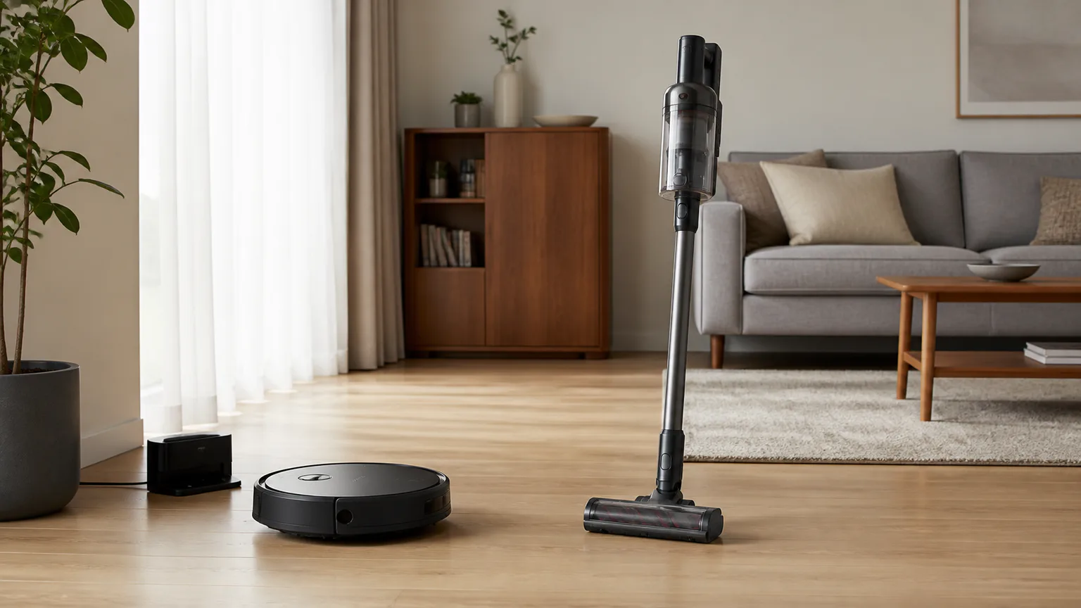 Sala com aspirador robot genérico, aspirador vertical e acessórios de limpeza.