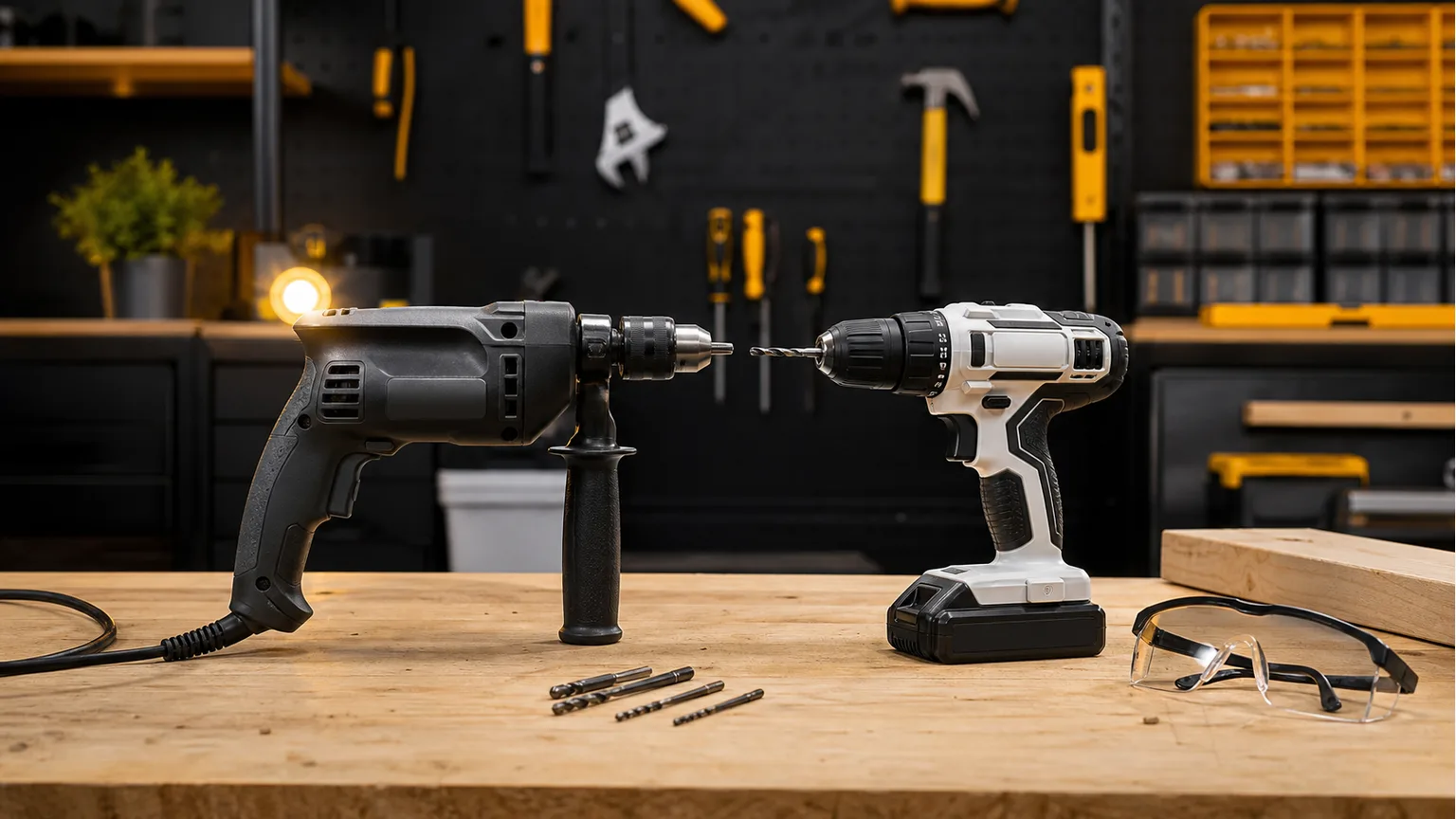 Berbequim com fio e berbequim a bateria genéricos lado a lado numa bancada de bricolage.