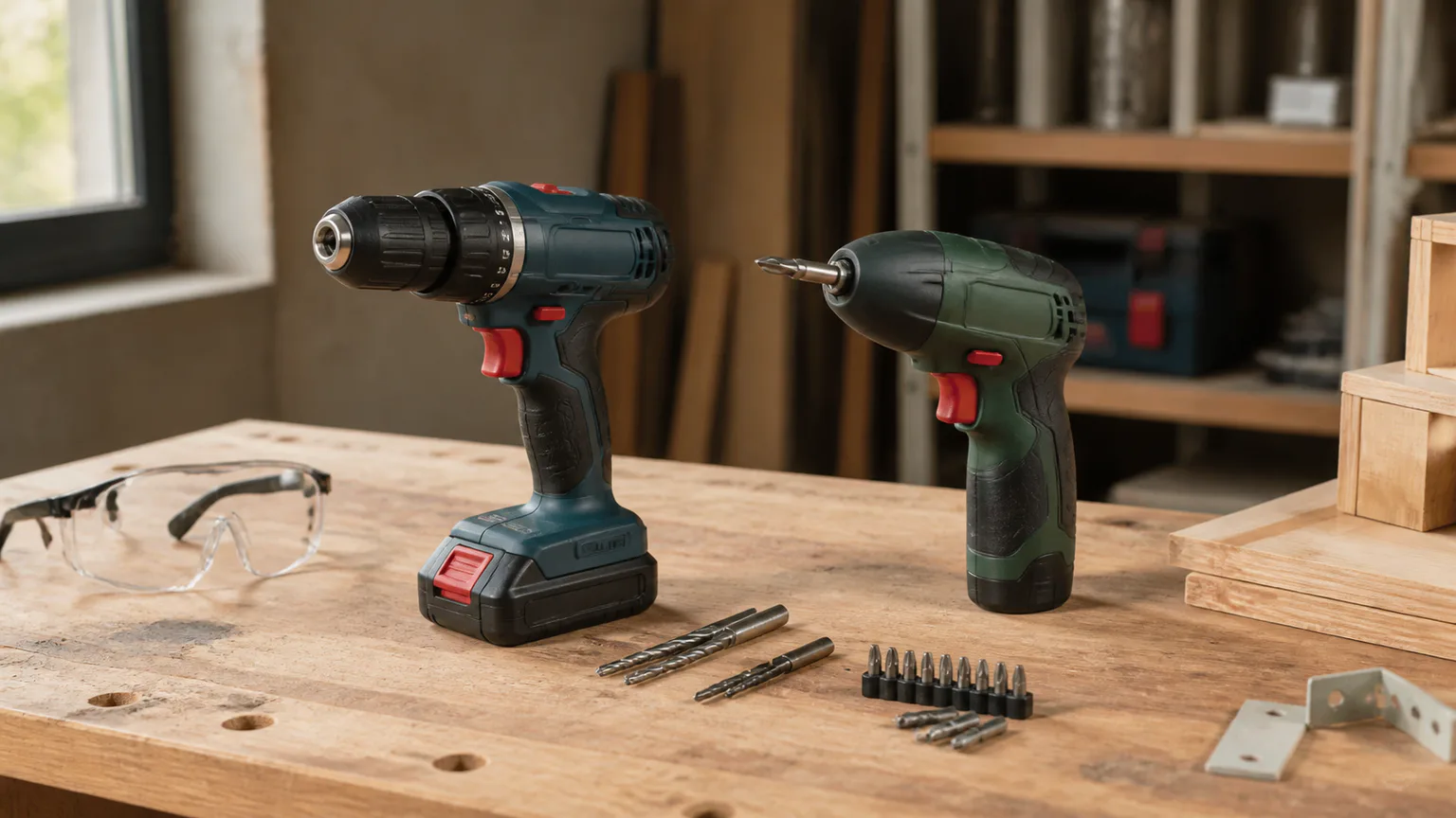 Bancada de bricolage com ferramentas elétricas, pontas e óculos de proteção.