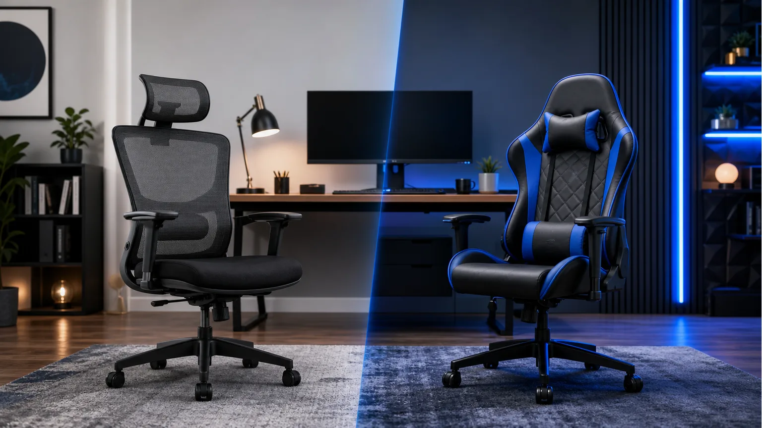Cadeira de escritório e cadeira gaming genéricas lado a lado numa secretária.
