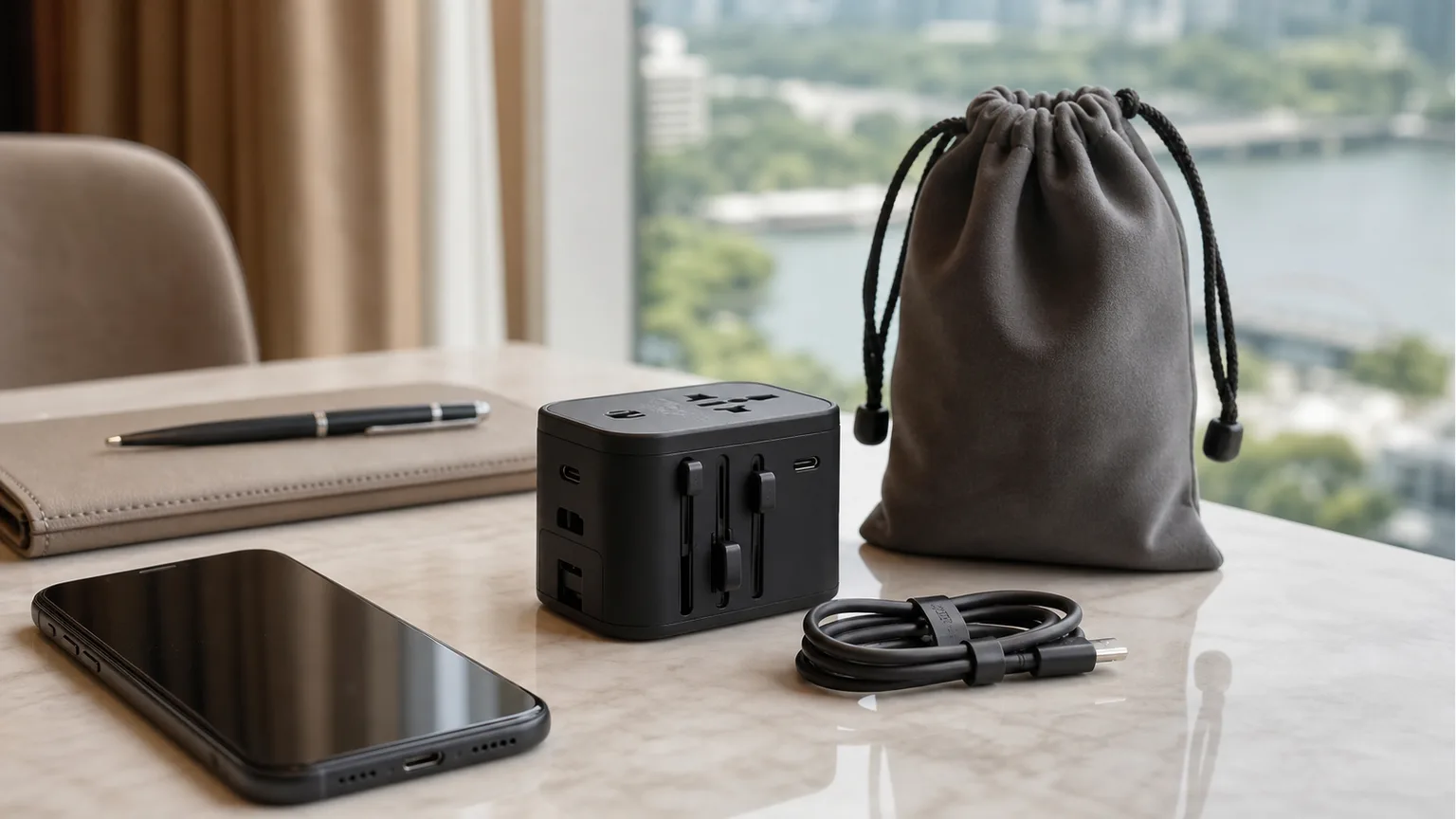 Adaptador universal de viagem genérico junto a um telemóvel e cabo USB numa mesa de hotel.