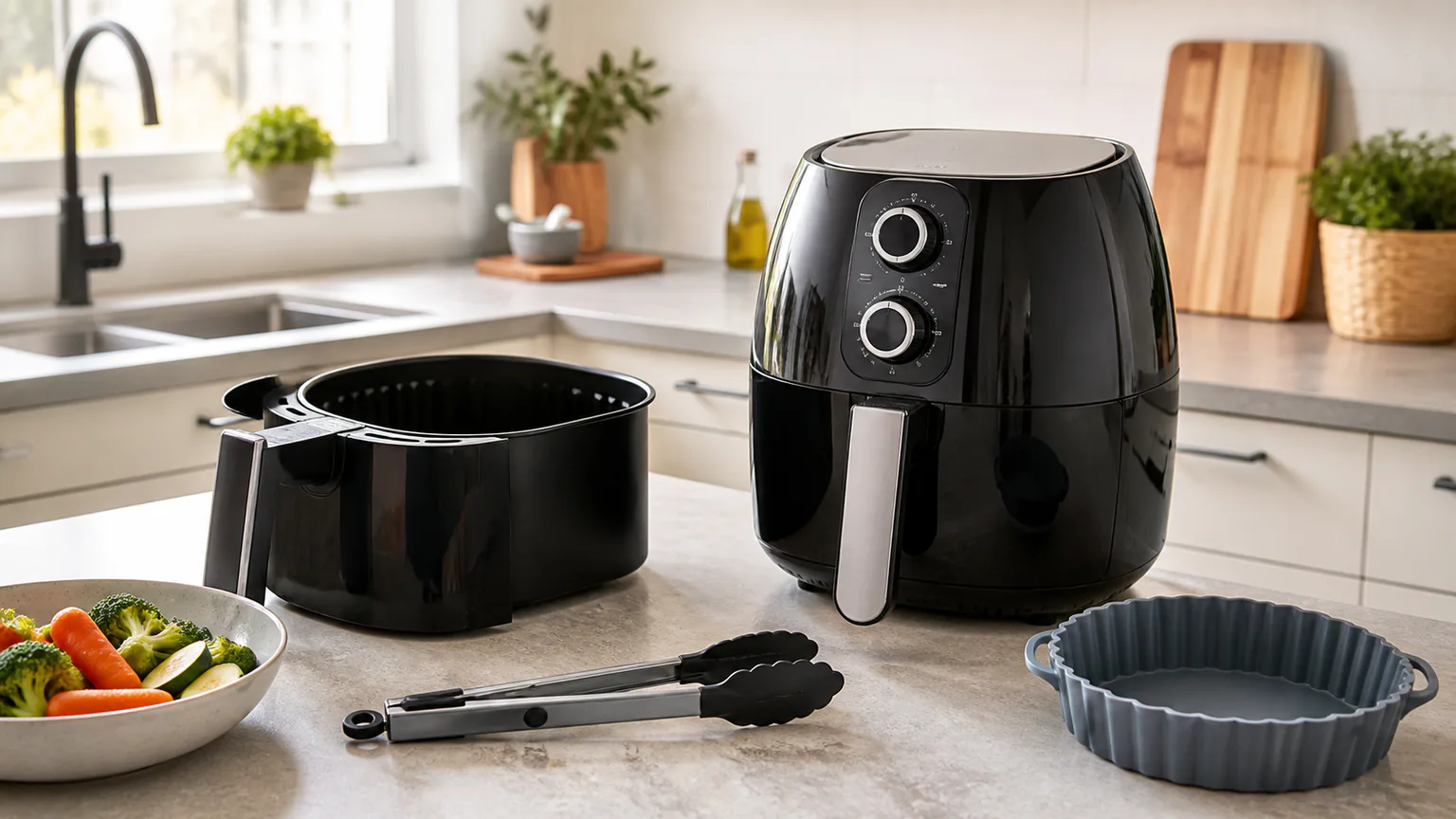 Bancada de cozinha com air fryer genérica e acessórios sem marcas.