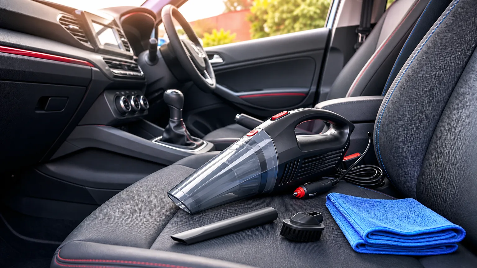 Aspirador auto genérico totalmente visível junto a acessórios de limpeza num interior de carro organizado.