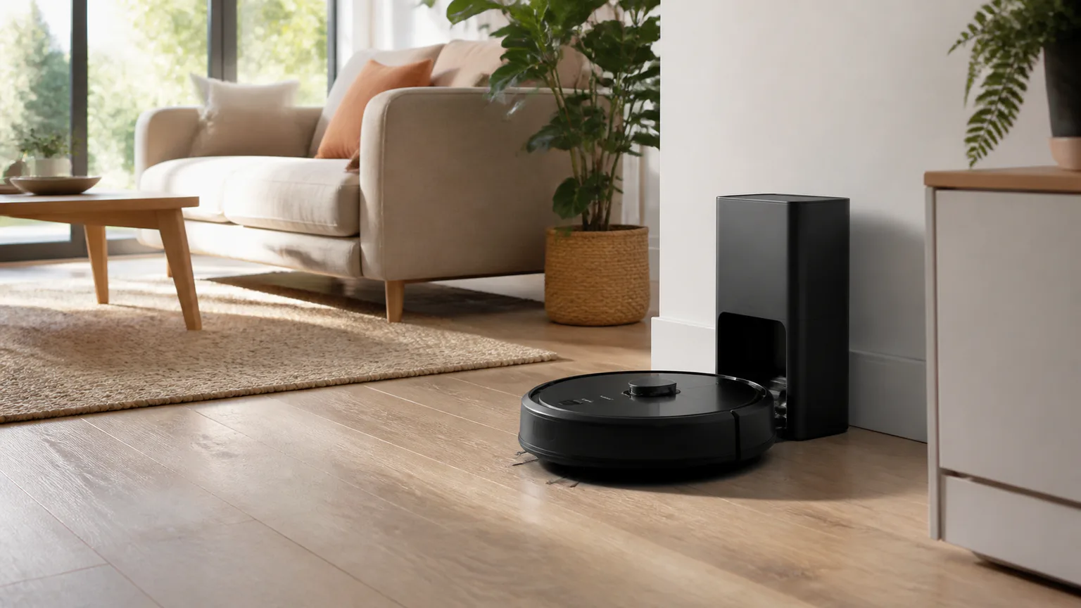 Sala limpa com aspirador robot genérico, base e tapete claro.