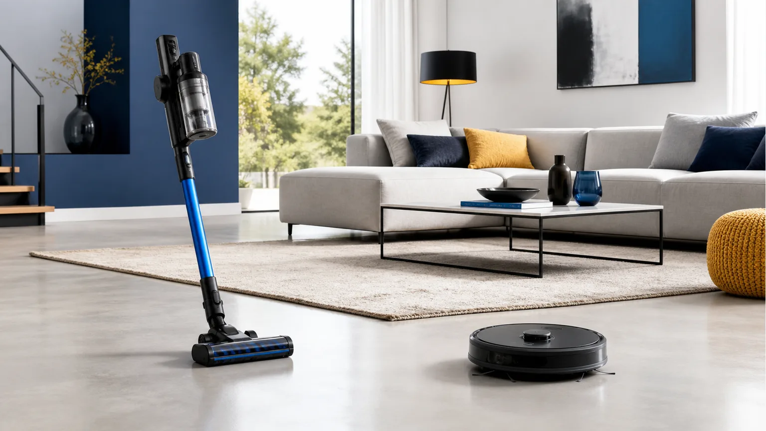 Aspirador vertical e robot genéricos numa casa organizada sem marcas.