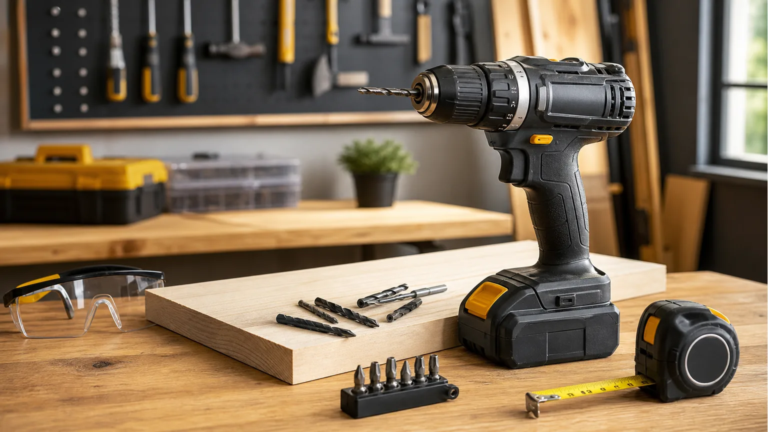 Berbequim elétrico genérico com brocas e óculos de proteção numa bancada de bricolage.
