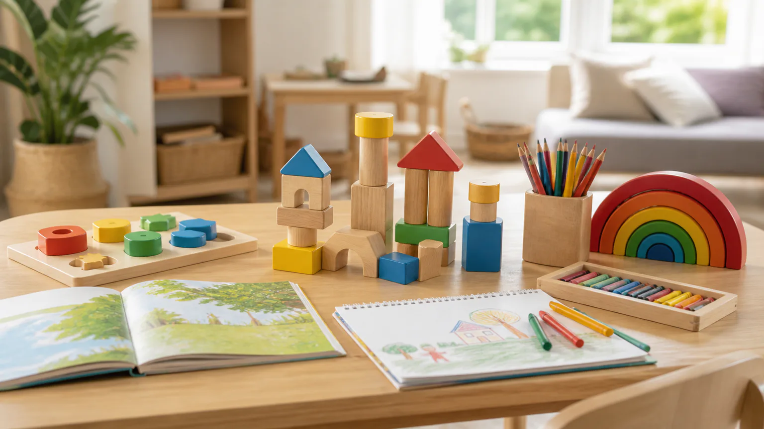 Mesa infantil com brinquedos educativos genéricos, peças grandes e livros.