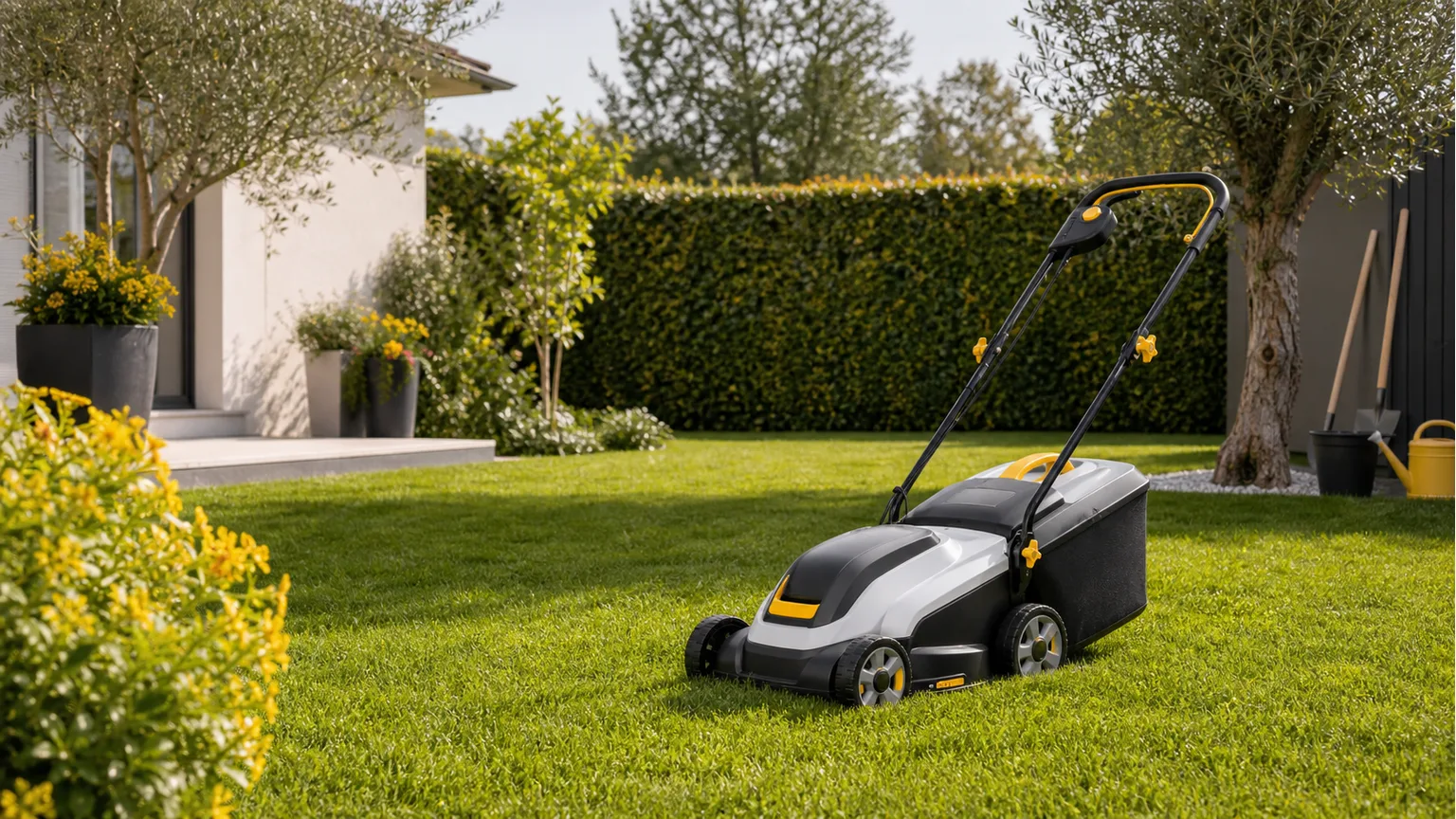 Cortador de relva elétrico genérico num jardim cuidado.