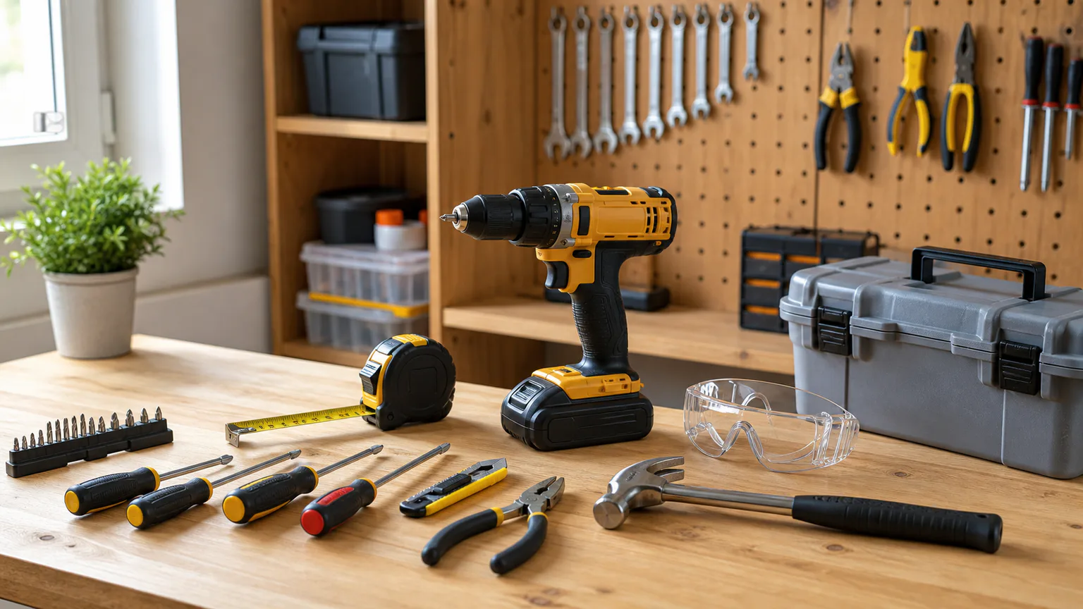 Bancada de bricolage com berbequim, pontas, caixa de ferramentas e proteção.