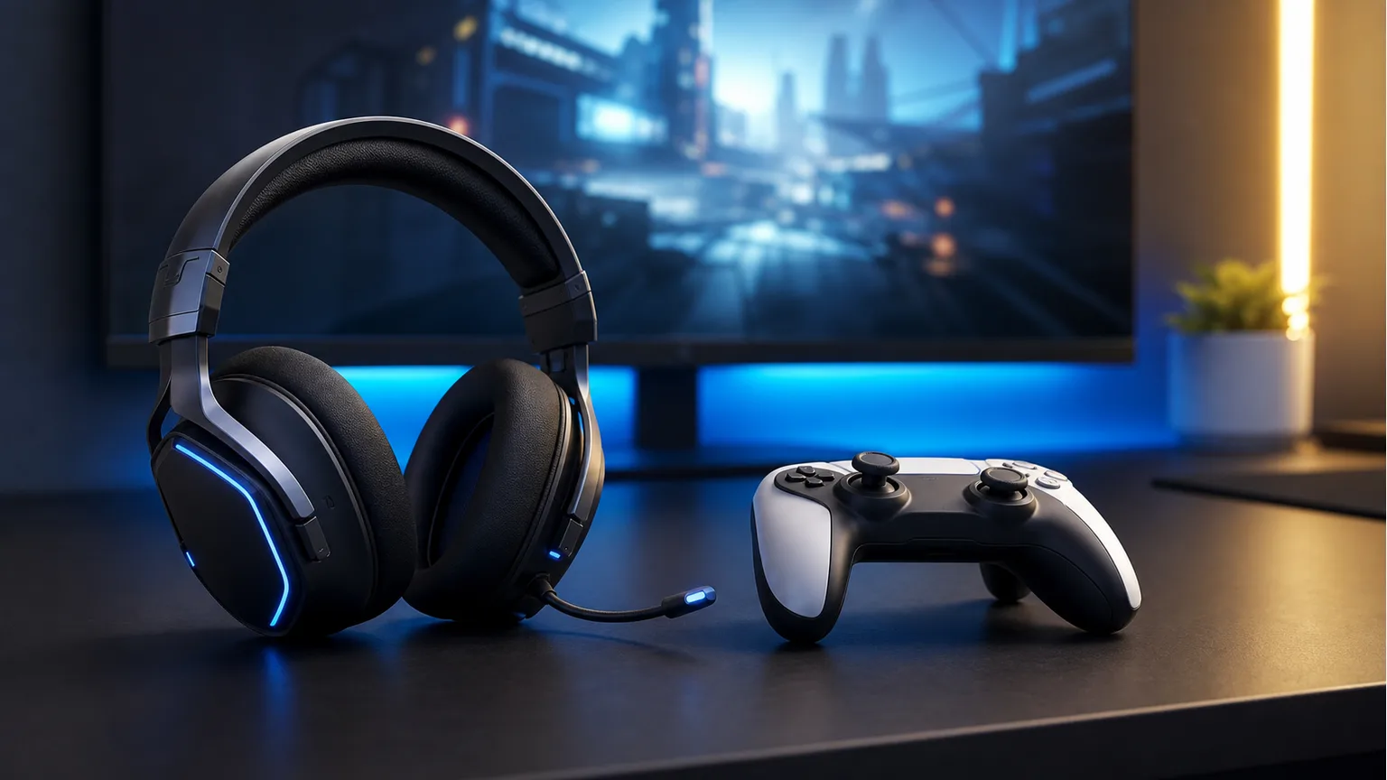 Headset gaming genérico junto a um comando e computador sem marcas.