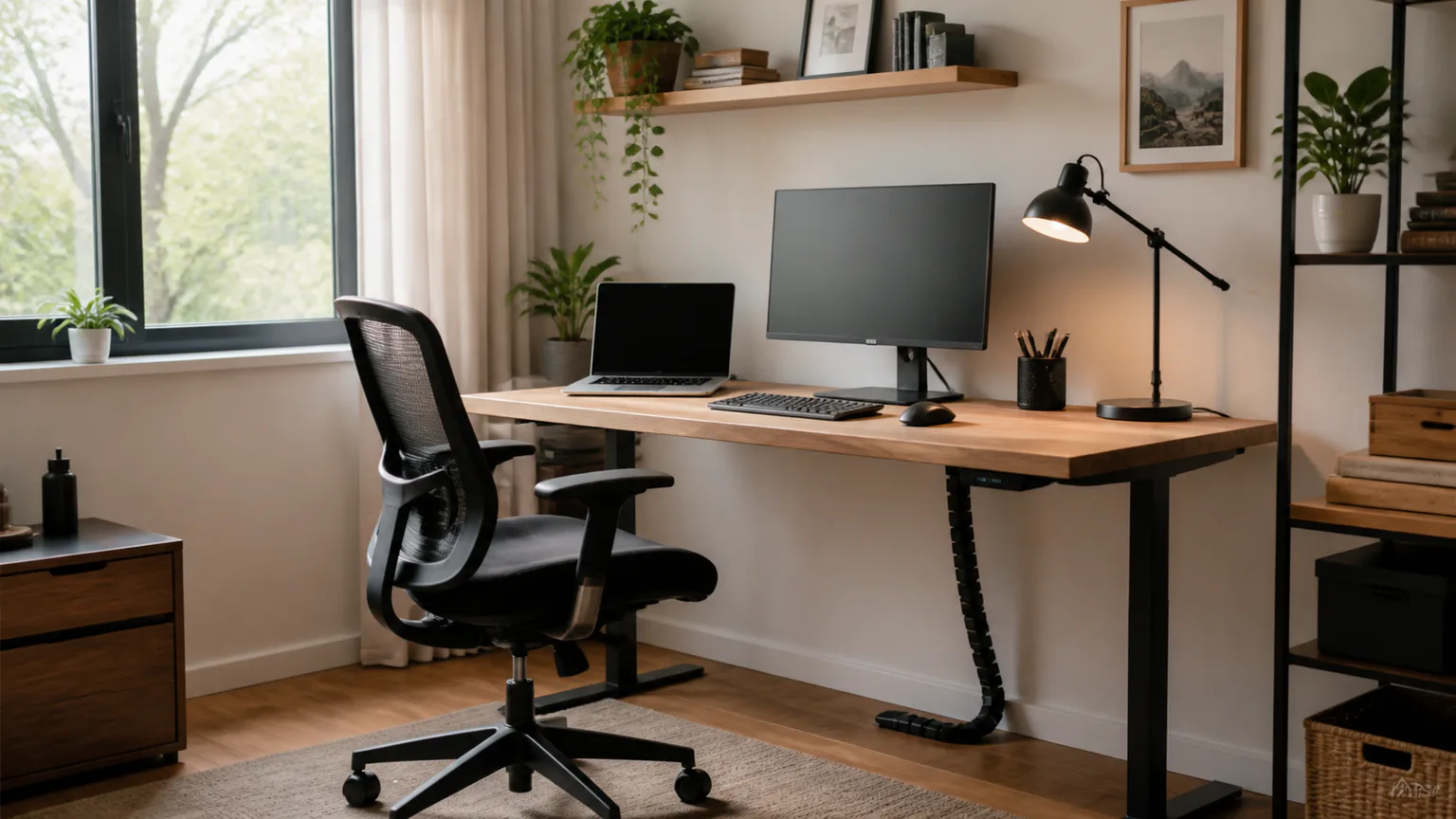 Secretária de home office com monitor, cadeira, candeeiro e acessórios organizados.