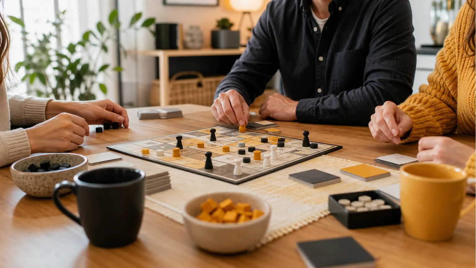 Jogo de tabuleiro genérico com peças e cartas numa mesa familiar, sem texto legível.