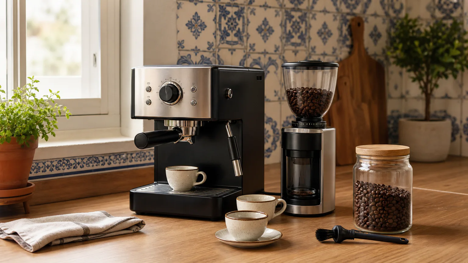Bancada de café com máquina genérica, chávenas, moinho e acessórios.