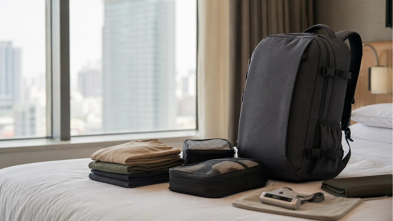 Mochila de viagem genérica com organizadores e roupa dobrada numa preparação de viagem.