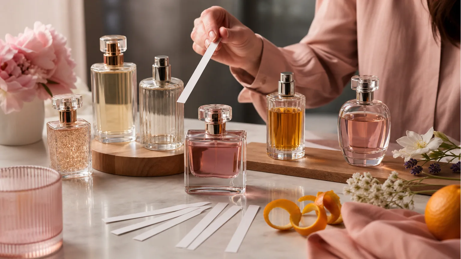Frascos de perfume genéricos e tiras de teste numa bancada de seleção de fragrâncias.