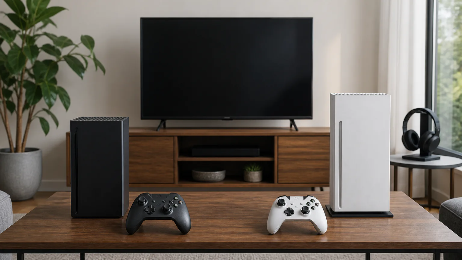 Setup gaming genérico com comandos, auscultadores e armazenamento sem logótipos.