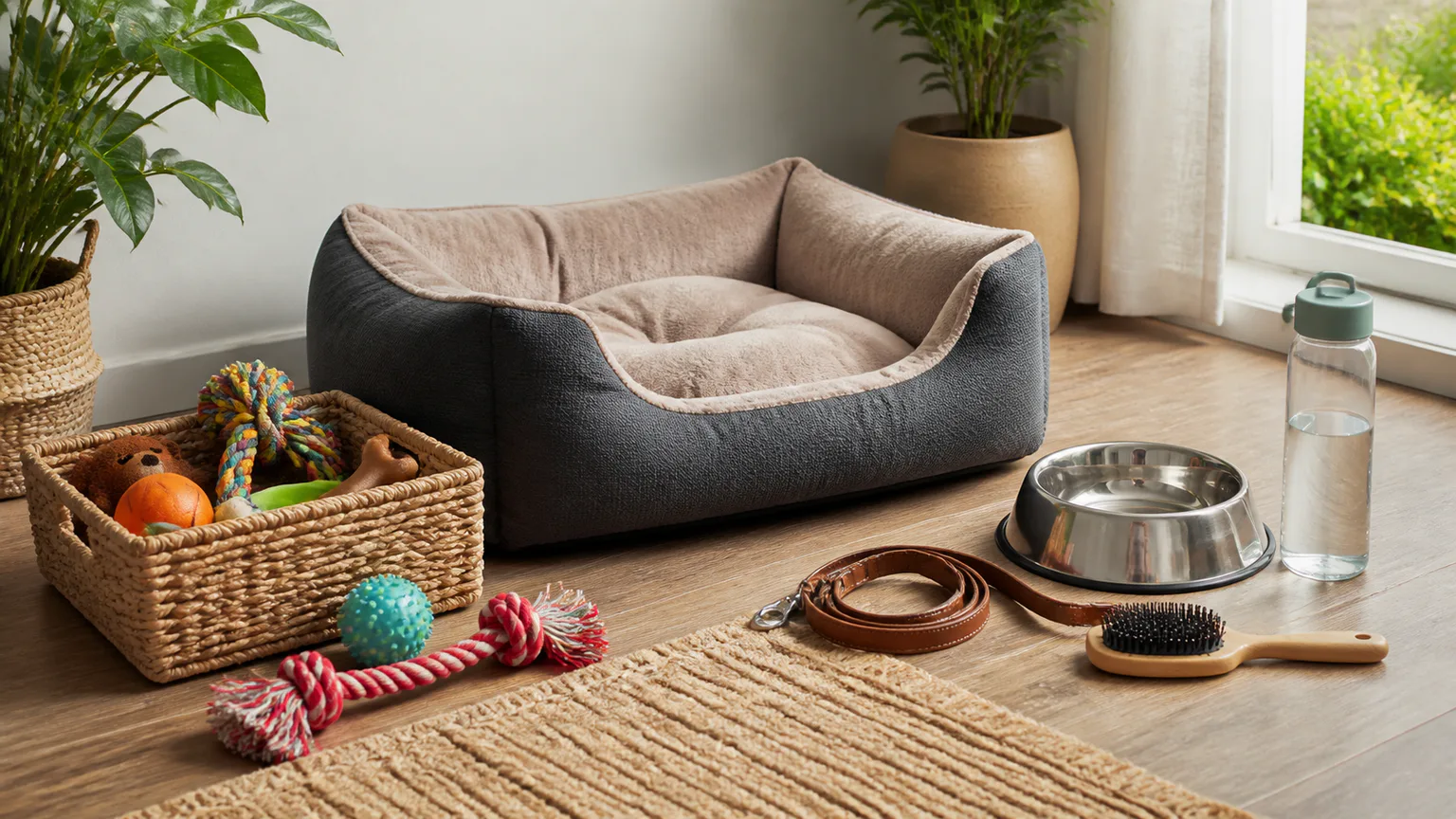 Canto de casa organizado com cama para animal, comedouro, brinquedos e acessórios.
