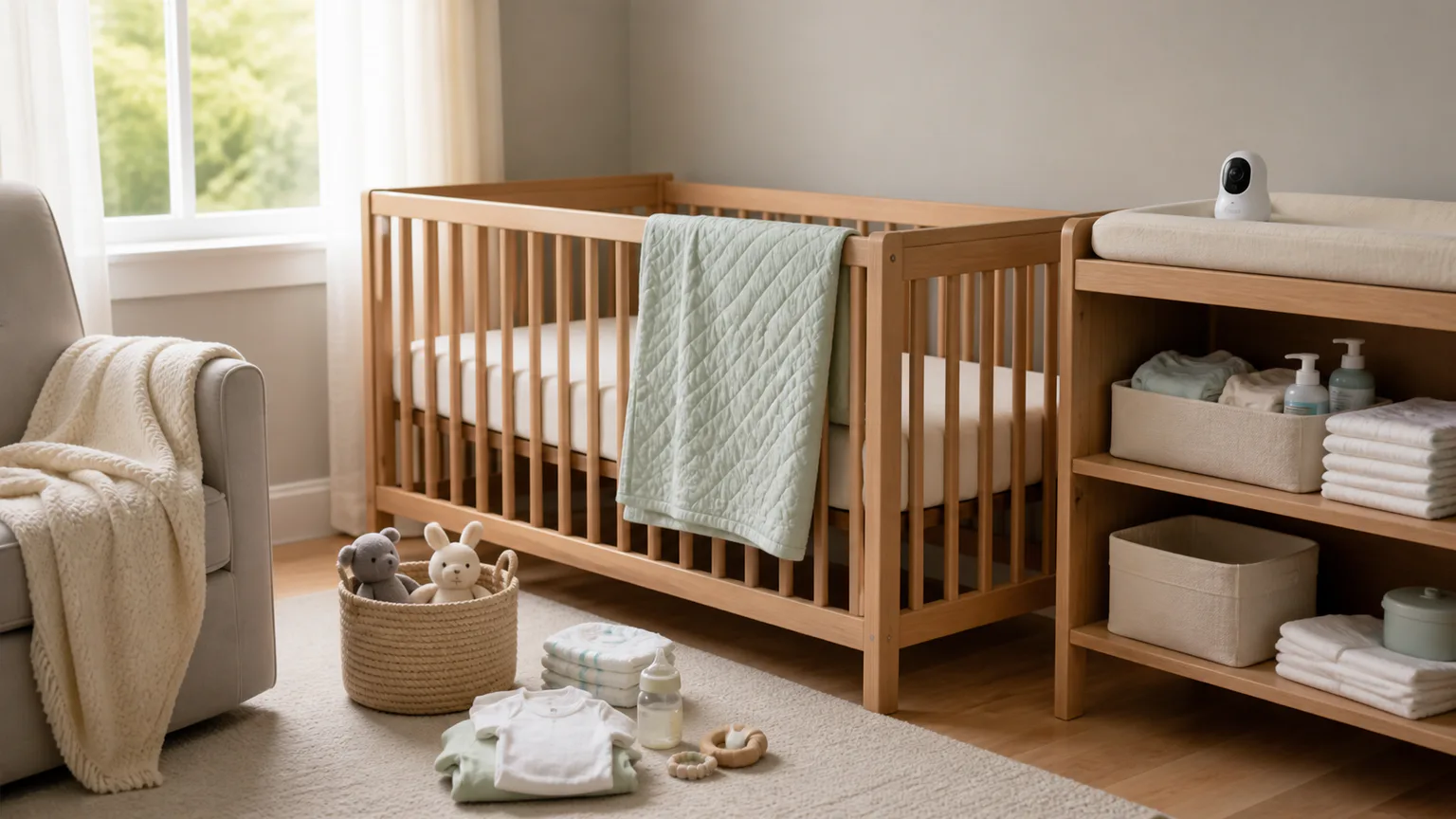Quarto de bebé calmo com berço estilizado, monitor e produtos essenciais sem marcas.