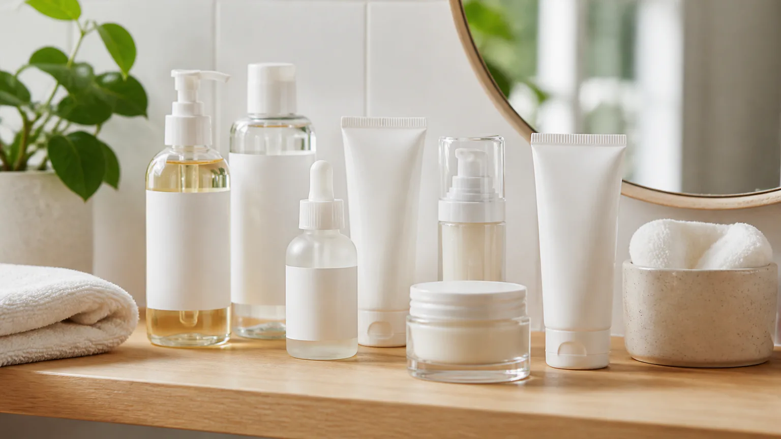 Bancada de casa de banho com produtos de skincare genéricos e toalha clara.