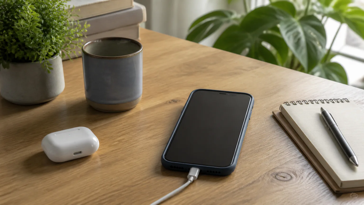 Mesa com smartphone genérico, capa, película e carregador sem marcas.