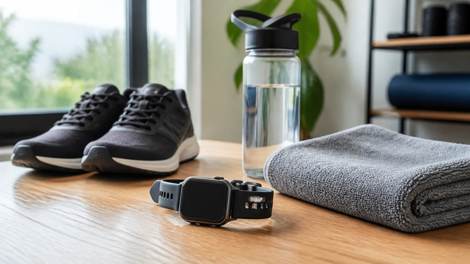Mesa de treino com smartwatch genérico, garrafa e acessórios de fitness.
