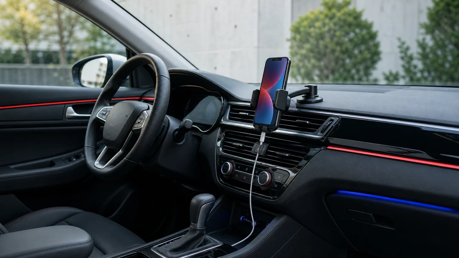 Suporte genérico de telemóvel para carro instalado num painel sem condutor ou marca visível.