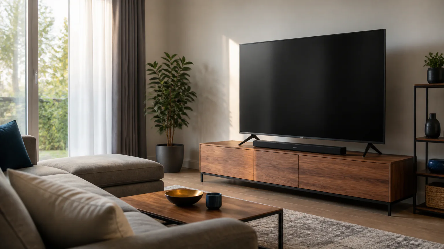 Sala moderna com televisão genérica, soundbar e acessórios de cinema em casa.