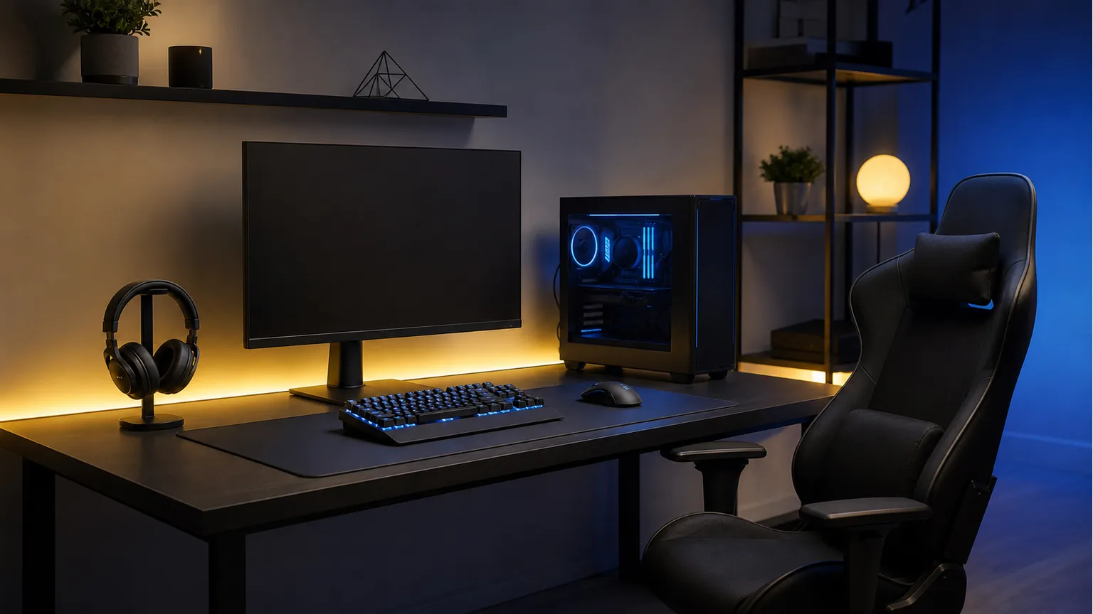 Setup gaming genérico por montar com monitor, teclado e cadeira sem marcas.