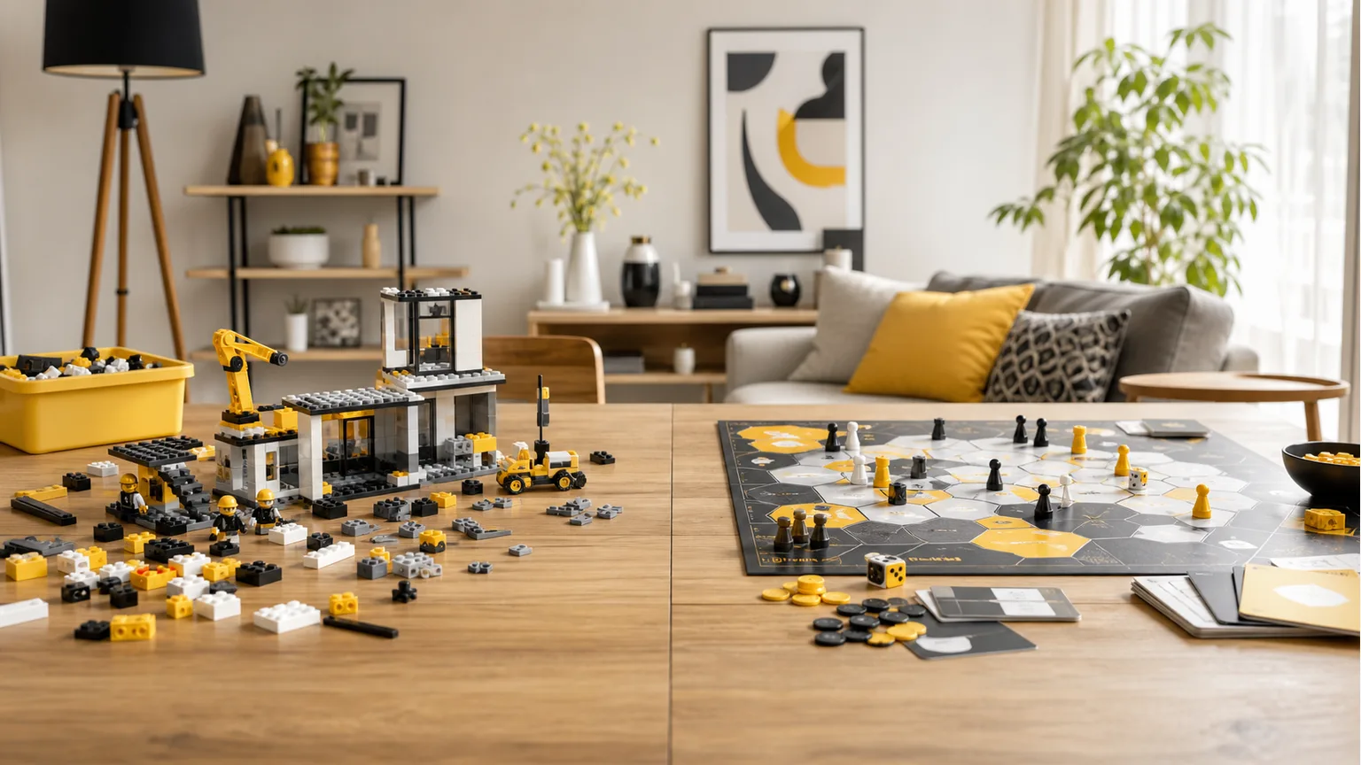 Conjunto de construção genérico e jogo de tabuleiro genérico lado a lado numa mesa familiar.