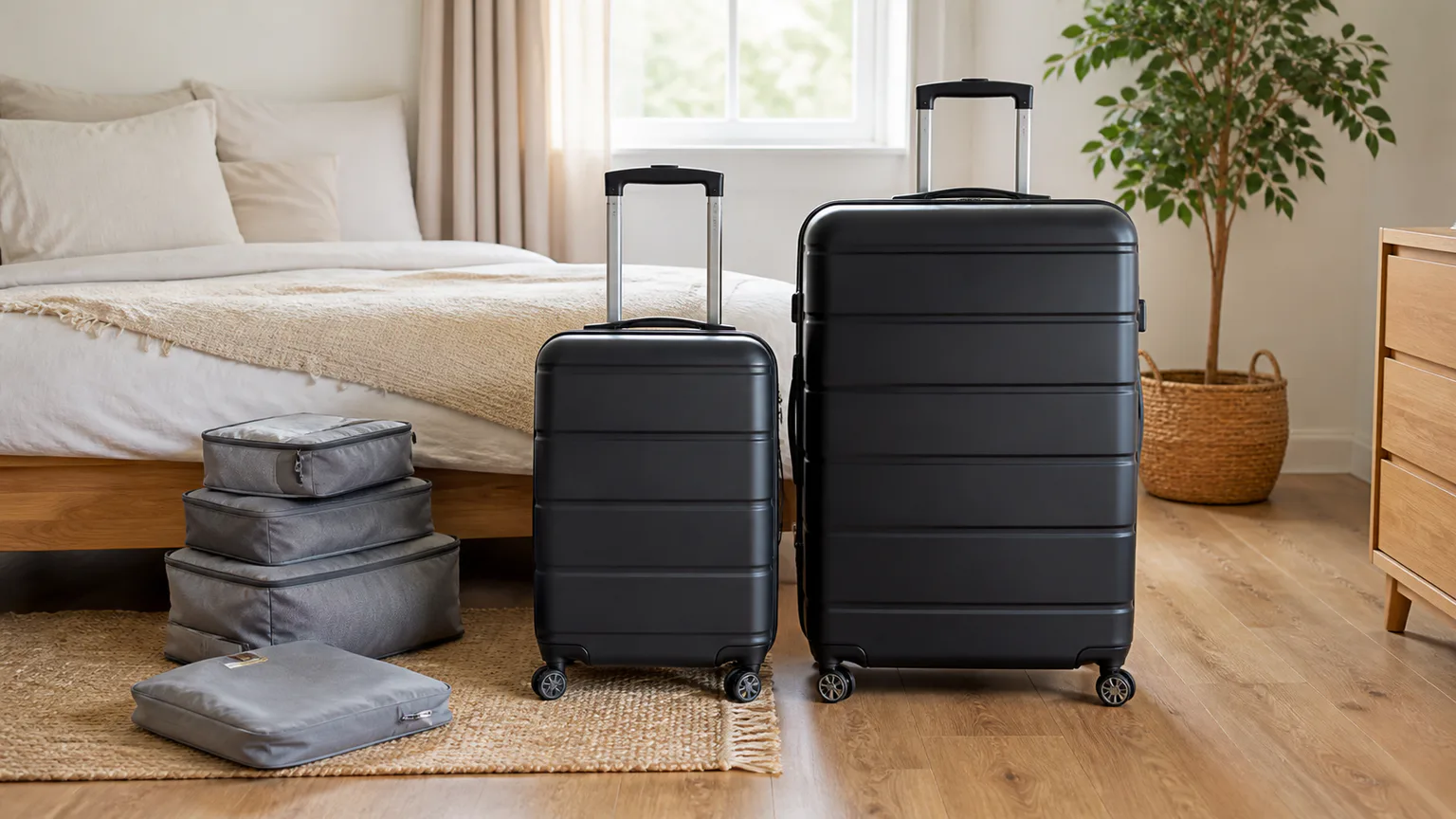 Malas de viagem e organizadores numa cena limpa de preparação de bagagem.