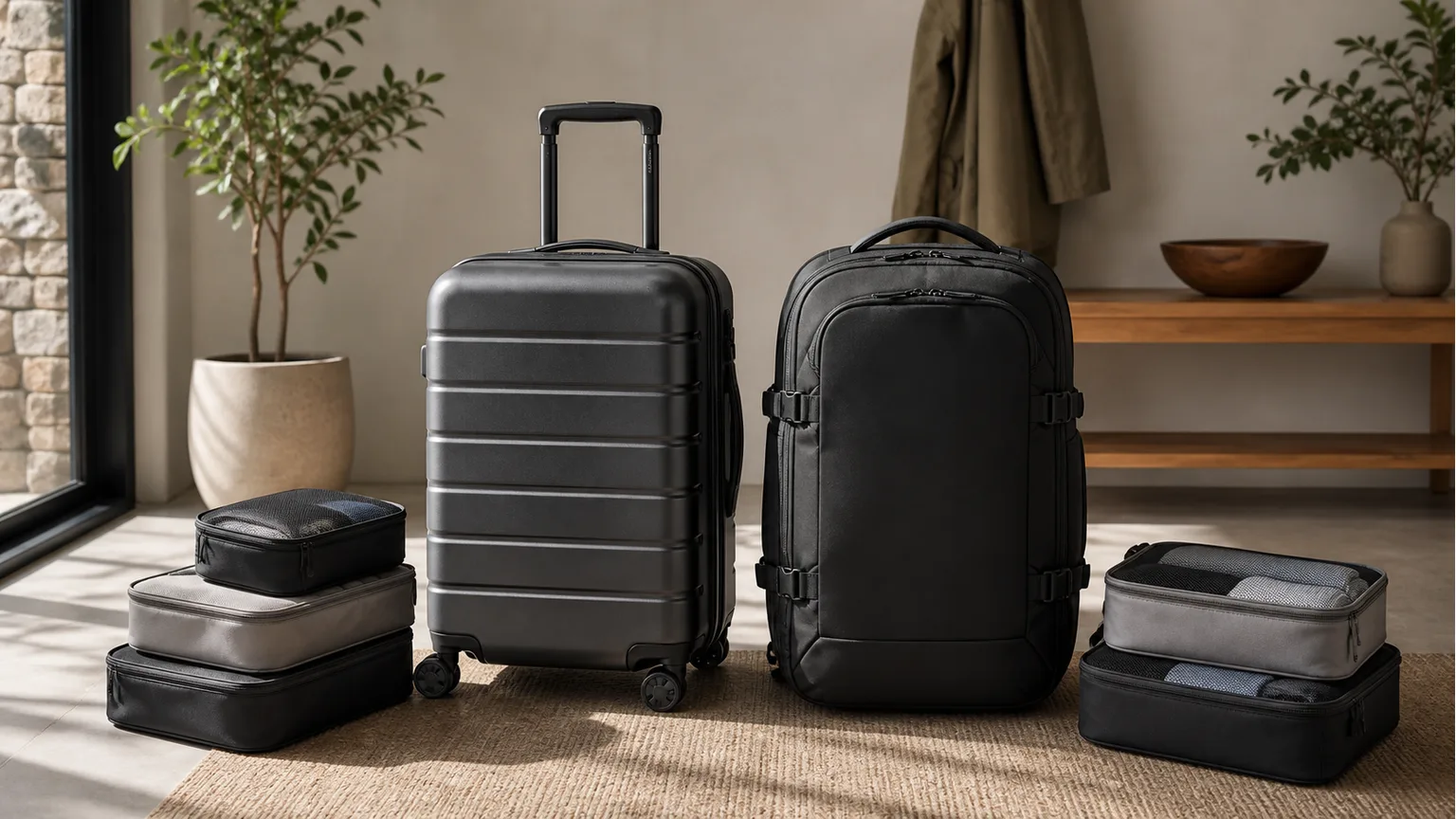 Mala de cabine e mochila de viagem genéricas lado a lado com organizadores.