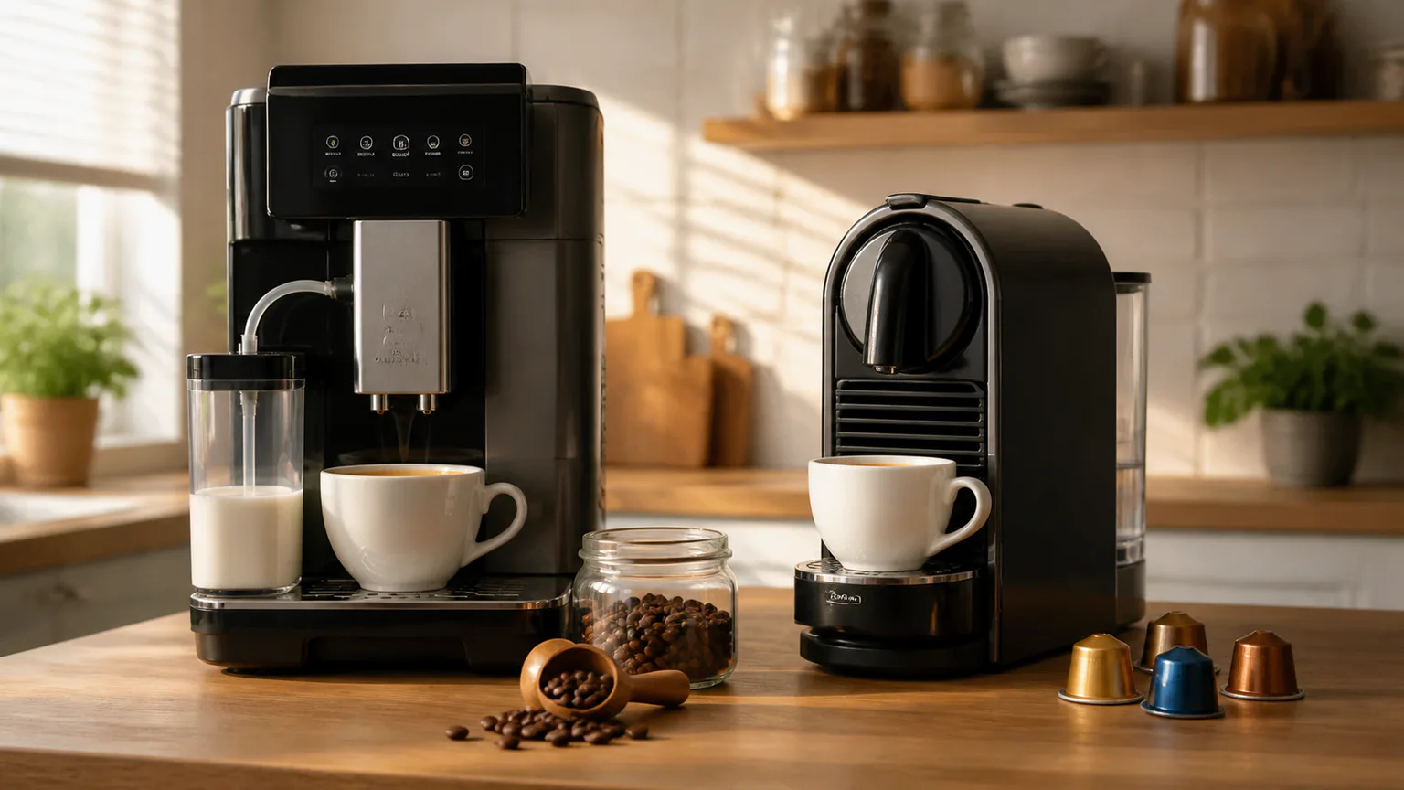 Bancada de café com máquina automática genérica, cápsulas e moinho.