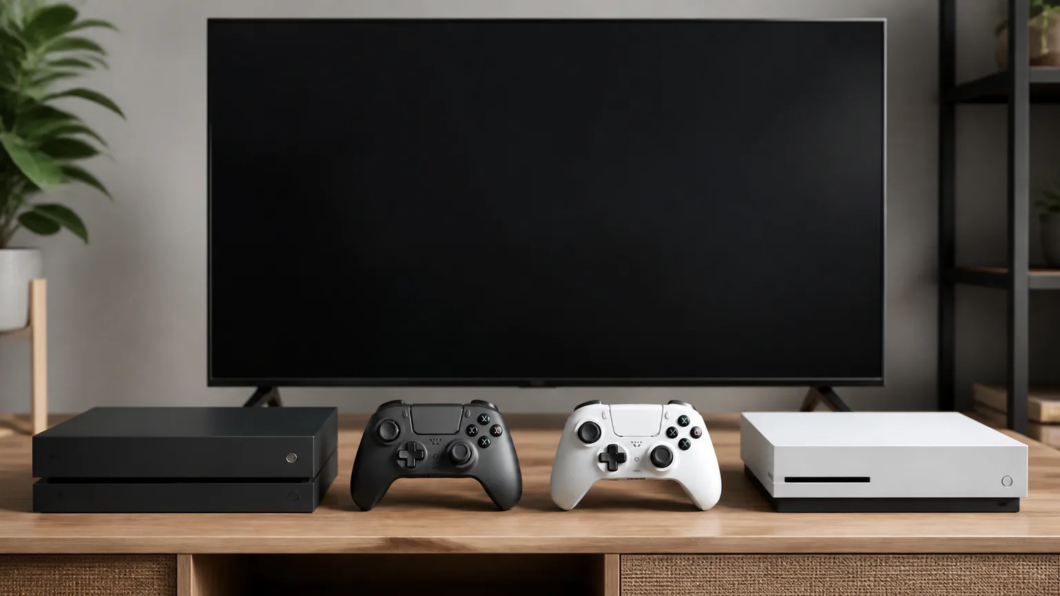 Sala gaming com duas consolas genéricas, comandos e auscultadores sem logótipos.