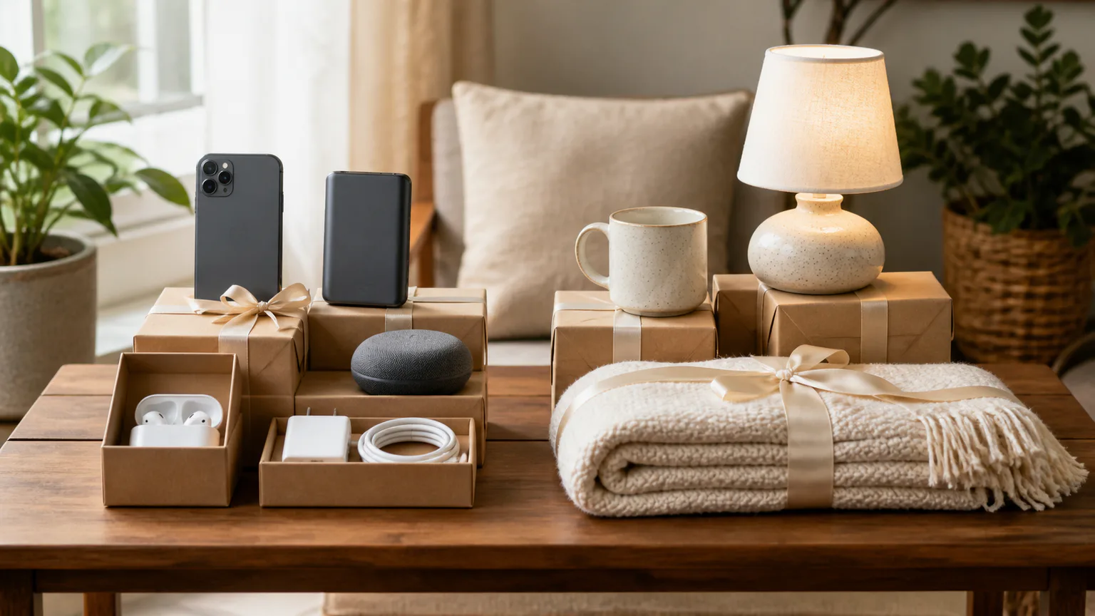 Mesa de presentes com pequenos dispositivos genéricos, acessórios de casa e embrulhos discretos.