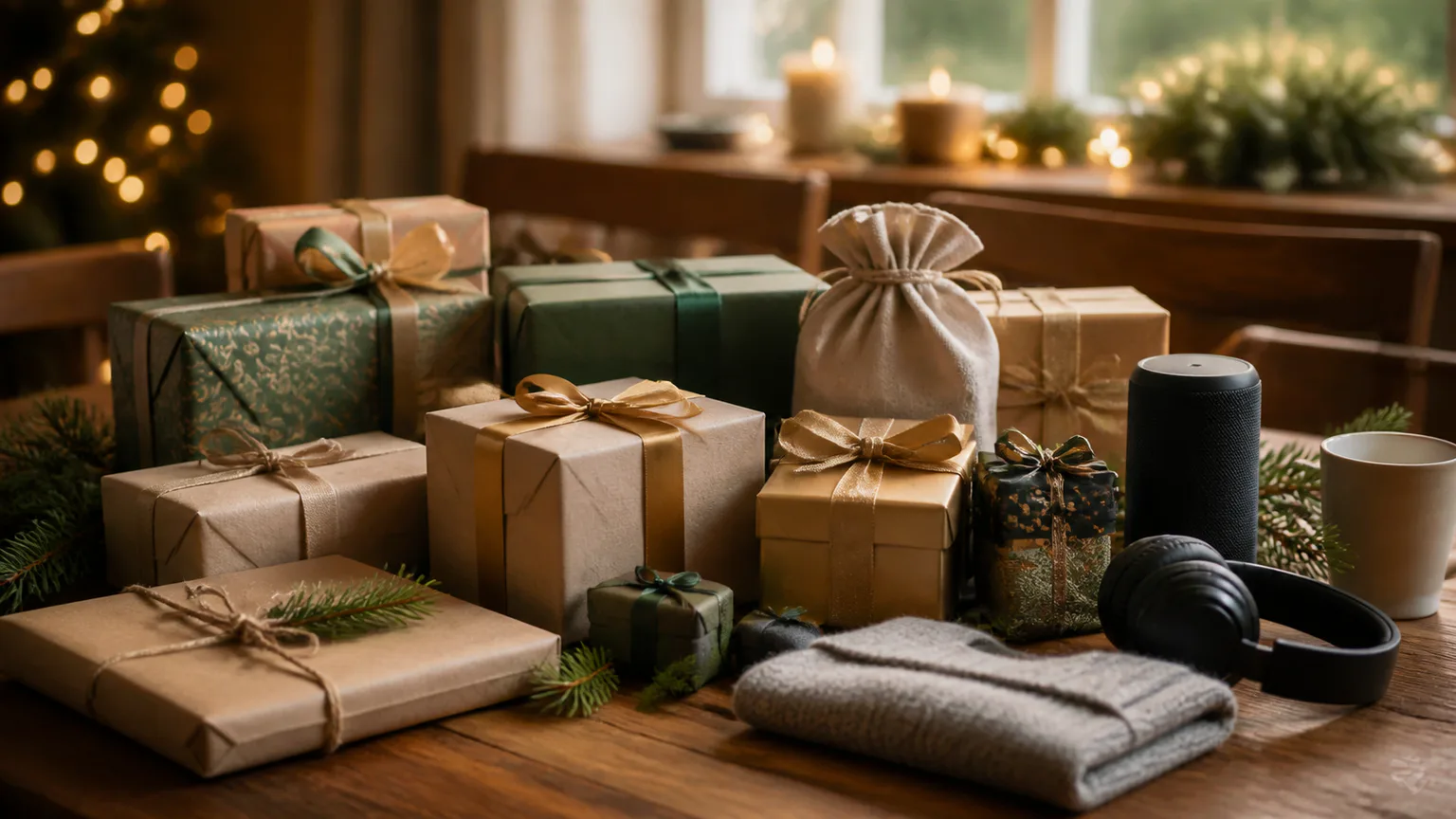 Mesa de presentes de Natal com objetos genéricos e sem logótipos.