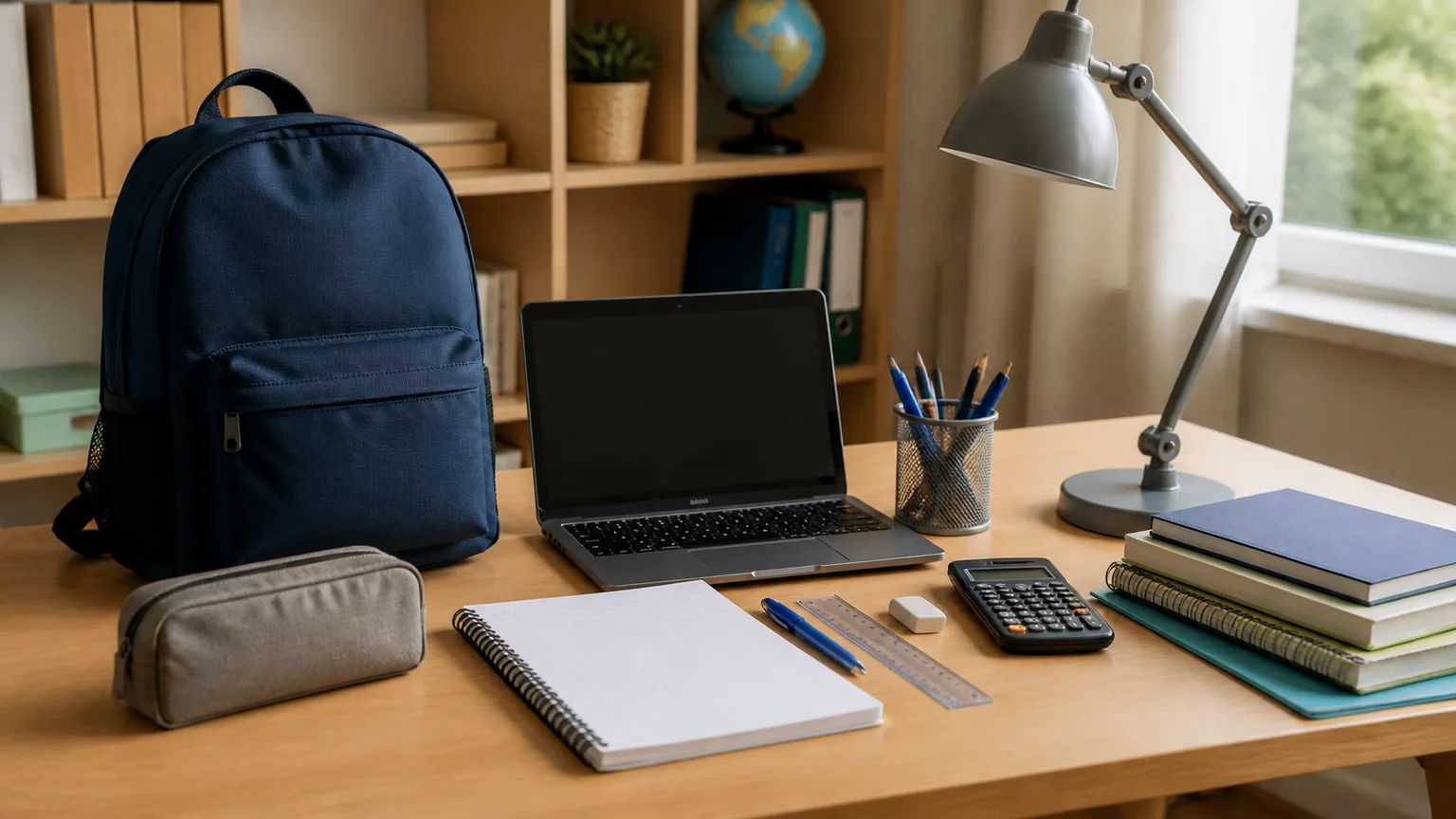 Secretária de estudo com mochila, caderno, candeeiro e tecnologia genérica.