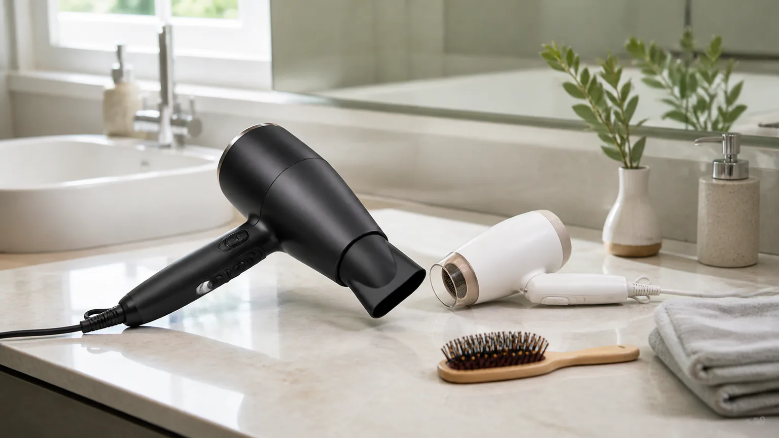 Bancada de casa de banho com secador, escova e acessórios de cabelo sem marcas visíveis.