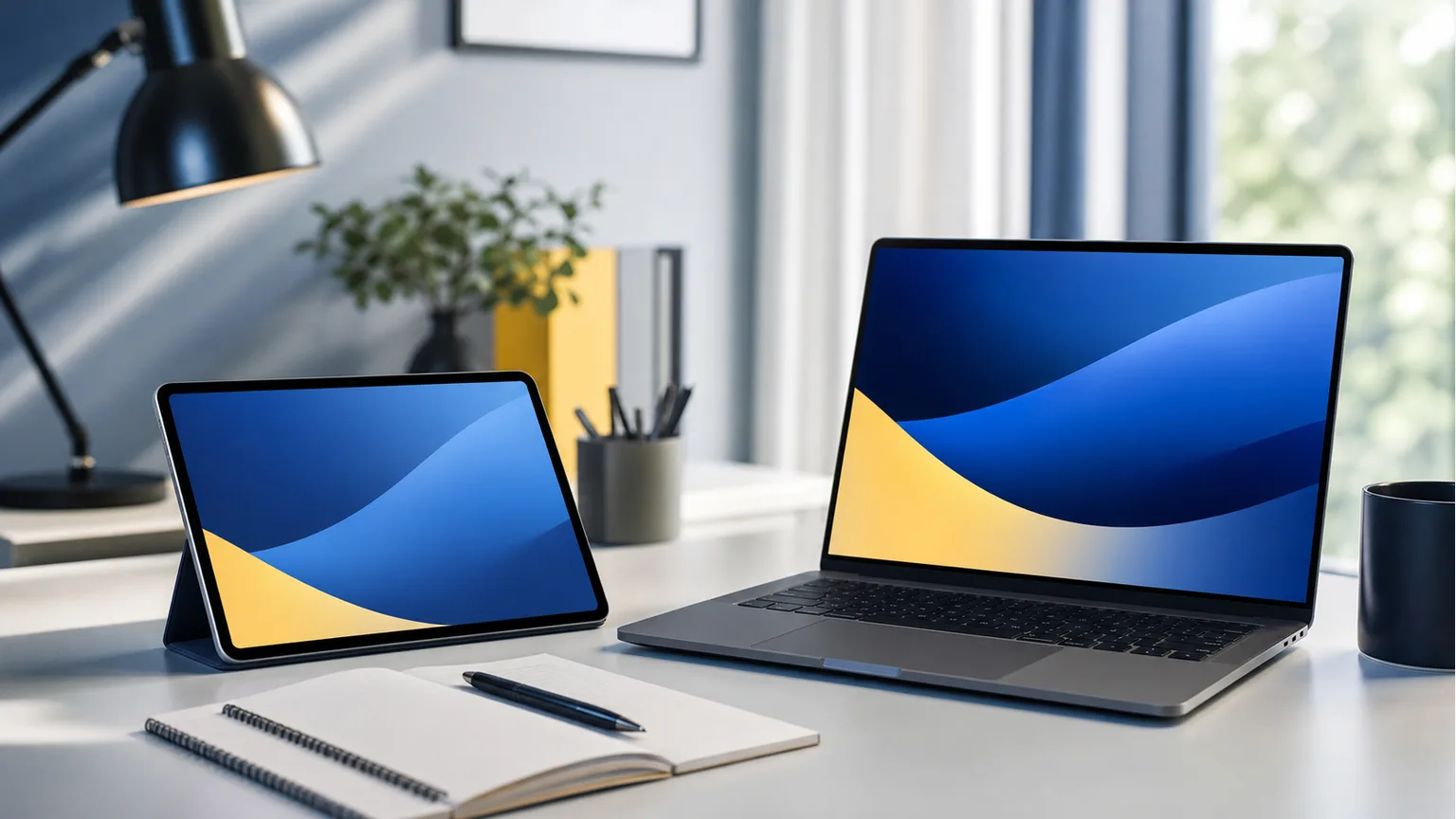 Tablet e laptop genéricos numa mesa de estudo com caderno e acessórios sem marcas.