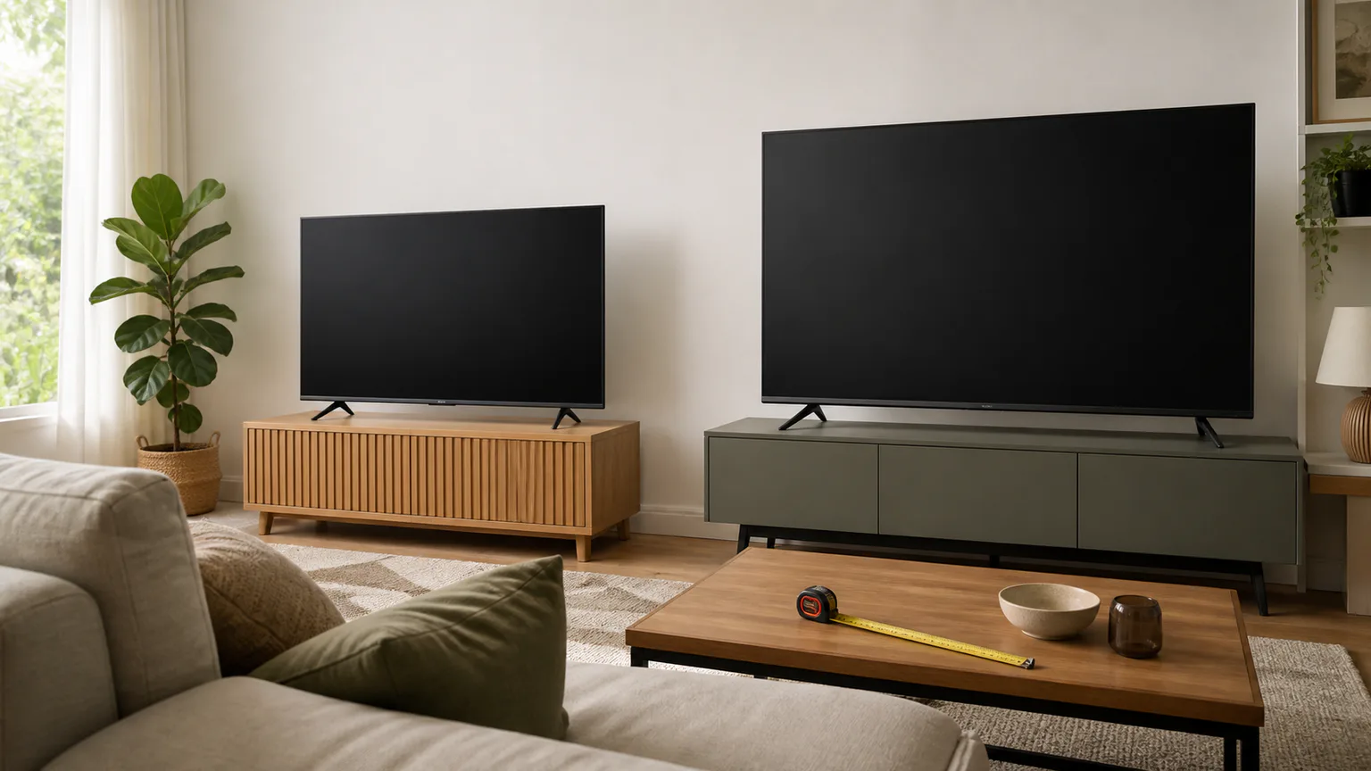 Sala com duas televisões genéricas de tamanhos diferentes e móvel de TV.