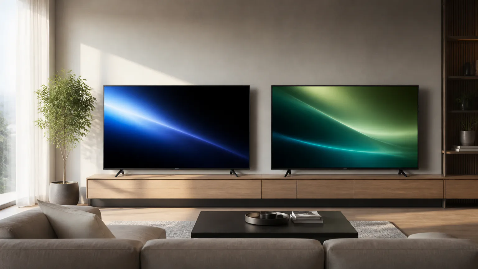 Duas televisões genéricas em ambiente de sala com variação de brilho e contraste.